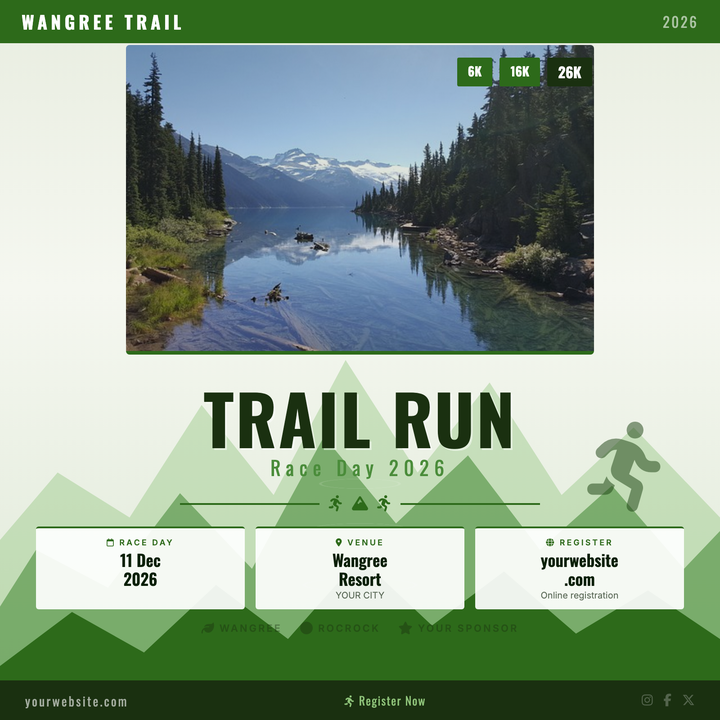 Layered mountain silhouettes and a deep forest-green palette give this template a rugged, outdoors-ready look.
