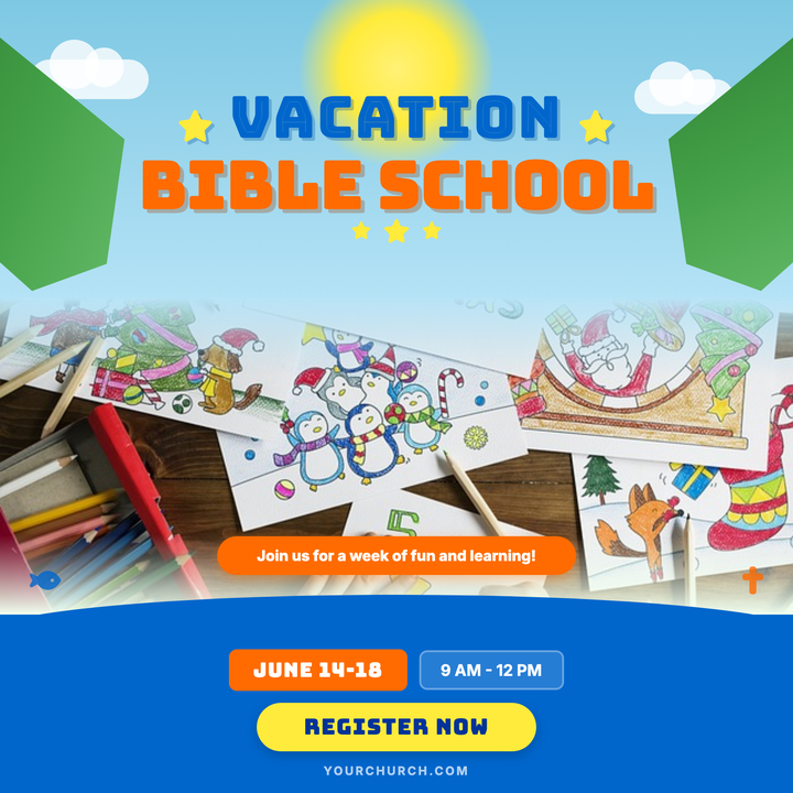 Bold Bungee Inline display type and a layered tropical sky set the tone for this kids' church summer program flyer.