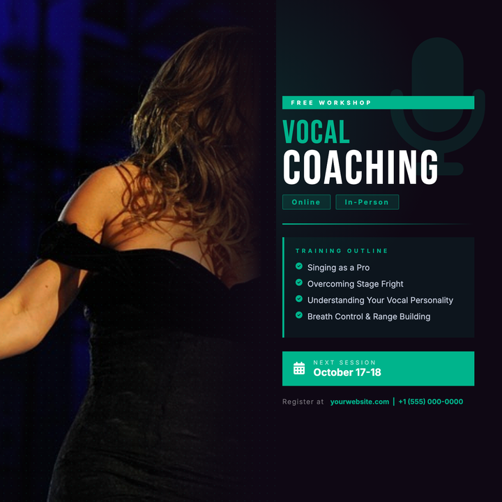 A dark stage-poster layout built for vocal workshops and music coaching events.