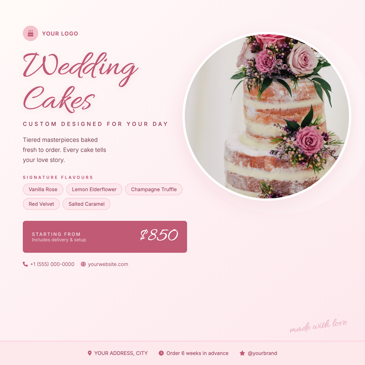 A warm cream-to-blush diagonal gradient and circle-cropped cake photo create an instantly romantic focal point.