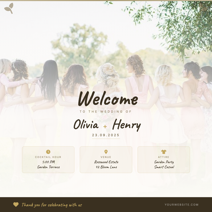 A warm, botanical-style welcome flyer featuring hand-script Caveat typography, soft gold accents, and a full-bleed photo that fades into a parchment-cream surface.