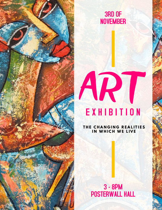 Creative exhibition flyer templates featuring artwork previews, artist statements, and gallery maps for cultural events.