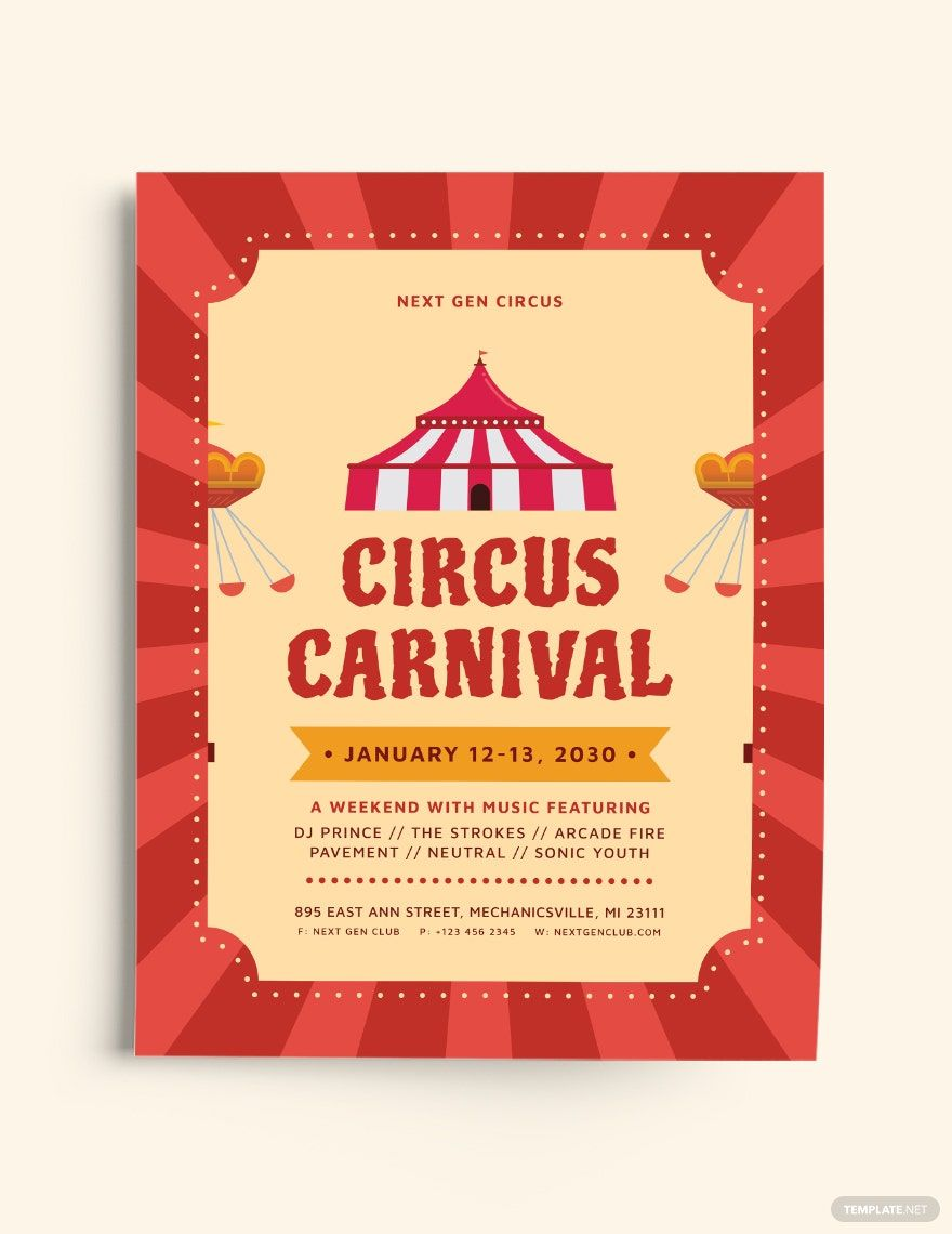 Dazzling big top templates featuring performer silhouettes and ticket stubs to promote touring shows and carnival events.