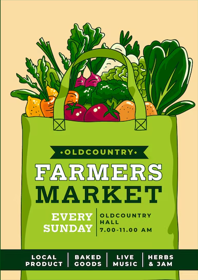 Rustic market templates featuring seasonal produce grids, vendor spotlights, and recipe ideas for local food events.