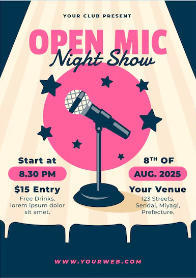 Performance spotlight templates featuring stage lighting and microphone visuals to promote amateur talent showcases.