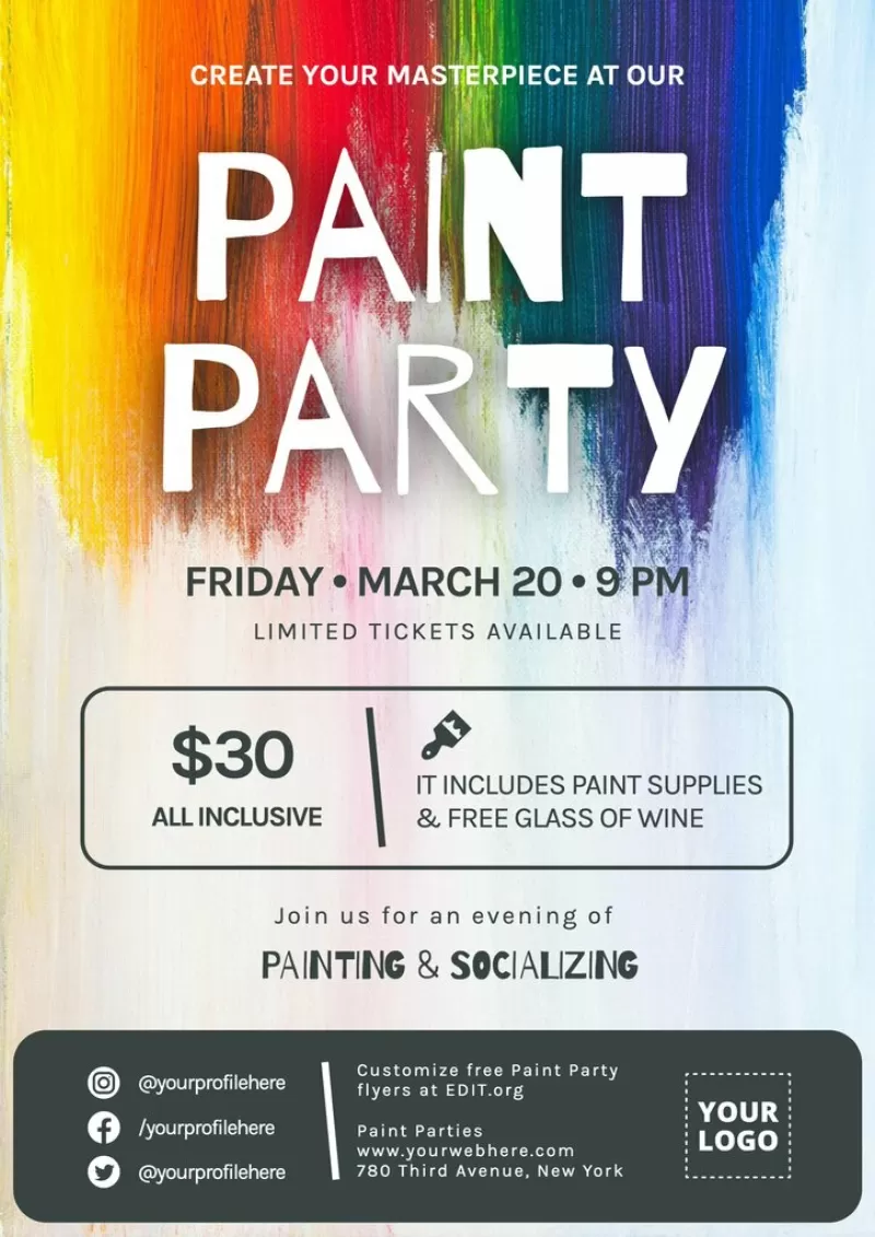Creative art party templates featuring canvas progress shots and wine glass markers to promote sip-and-paint studios.