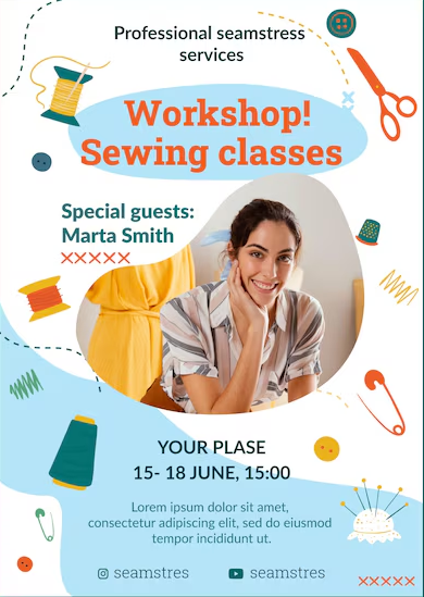 Handmade craft templates featuring fabric stacks and machine close-ups to promote stitching workshops and alteration services.