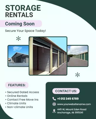 Secure facility templates featuring unit size comparisons and lock icons to promote self-storage solutions and moving supplies.