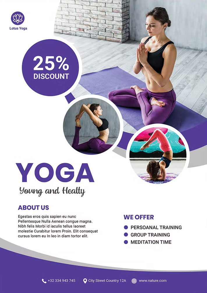 Serene yoga flyer templates featuring peaceful nature backdrops, pose sequences, and mindfulness quotes for studios and instructors.